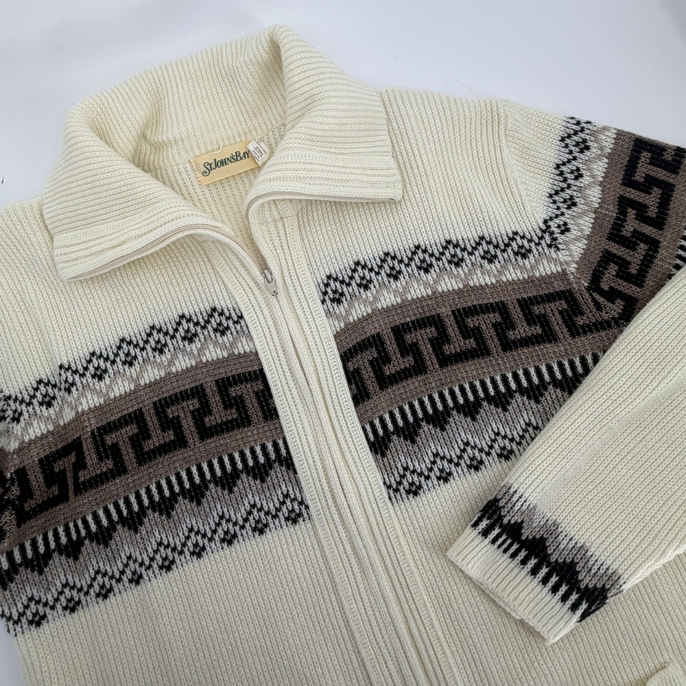 Vintage St Johns Bay Mens Full Zip Cardigan Sweater Cream Greek Key Fair Isle L
